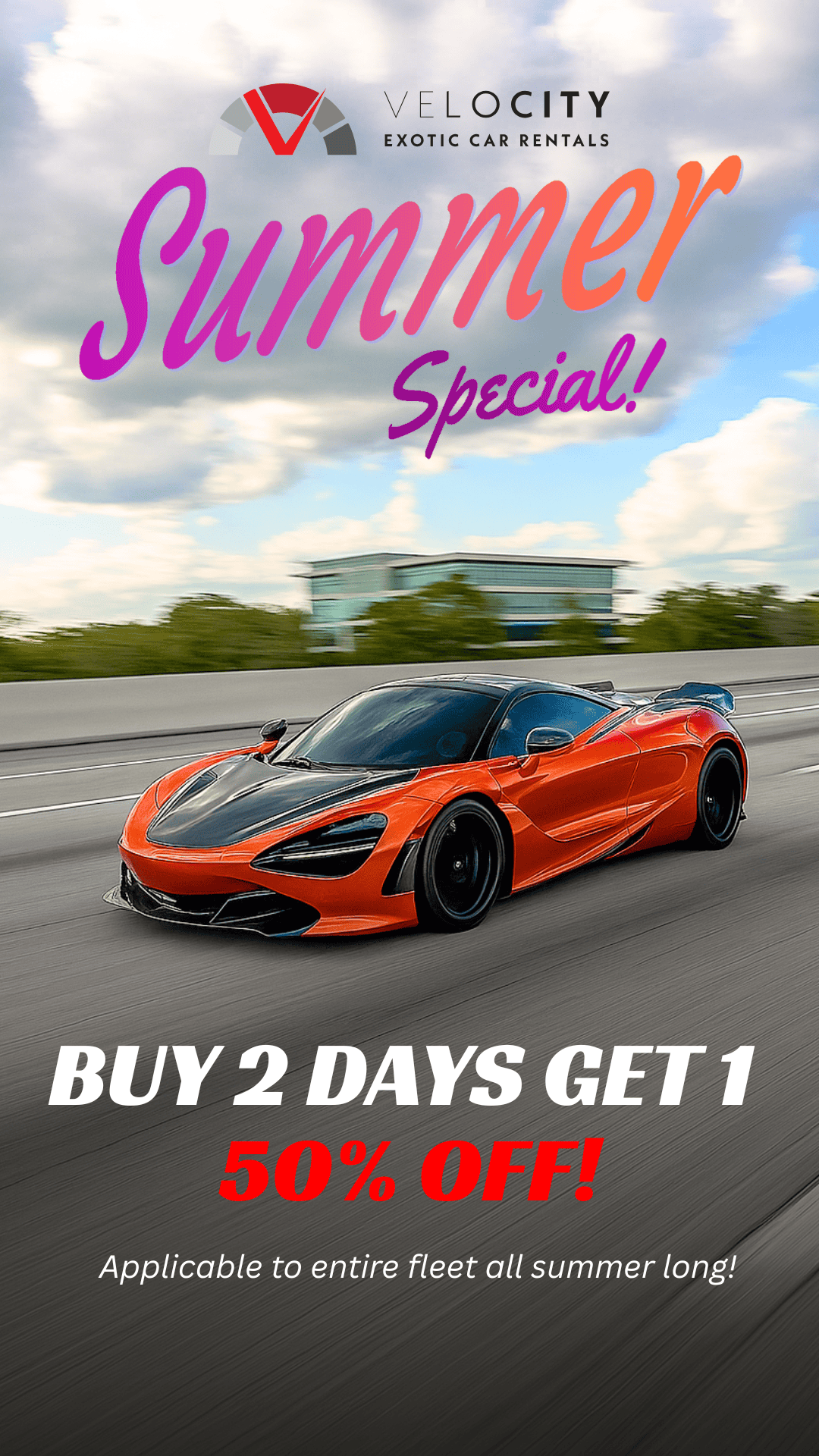Promotional banner for Velocity Exotic Car Rentals' 2025 Summer Specials featuring McLaren 720S Rental